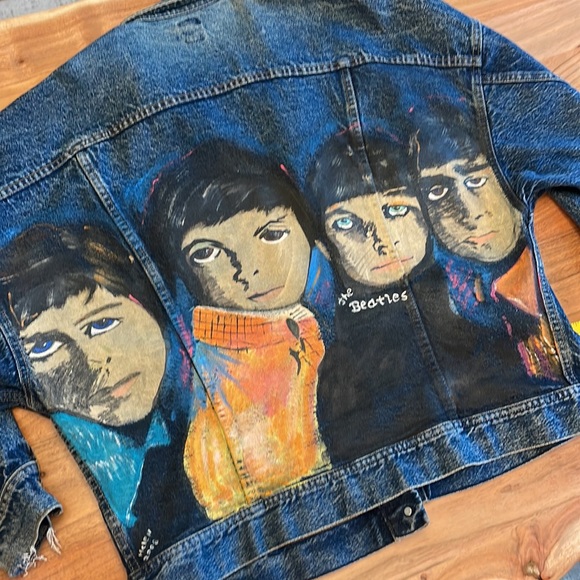 BEATLES painted folk art Jean jacket- Large - Picture 3 of 14